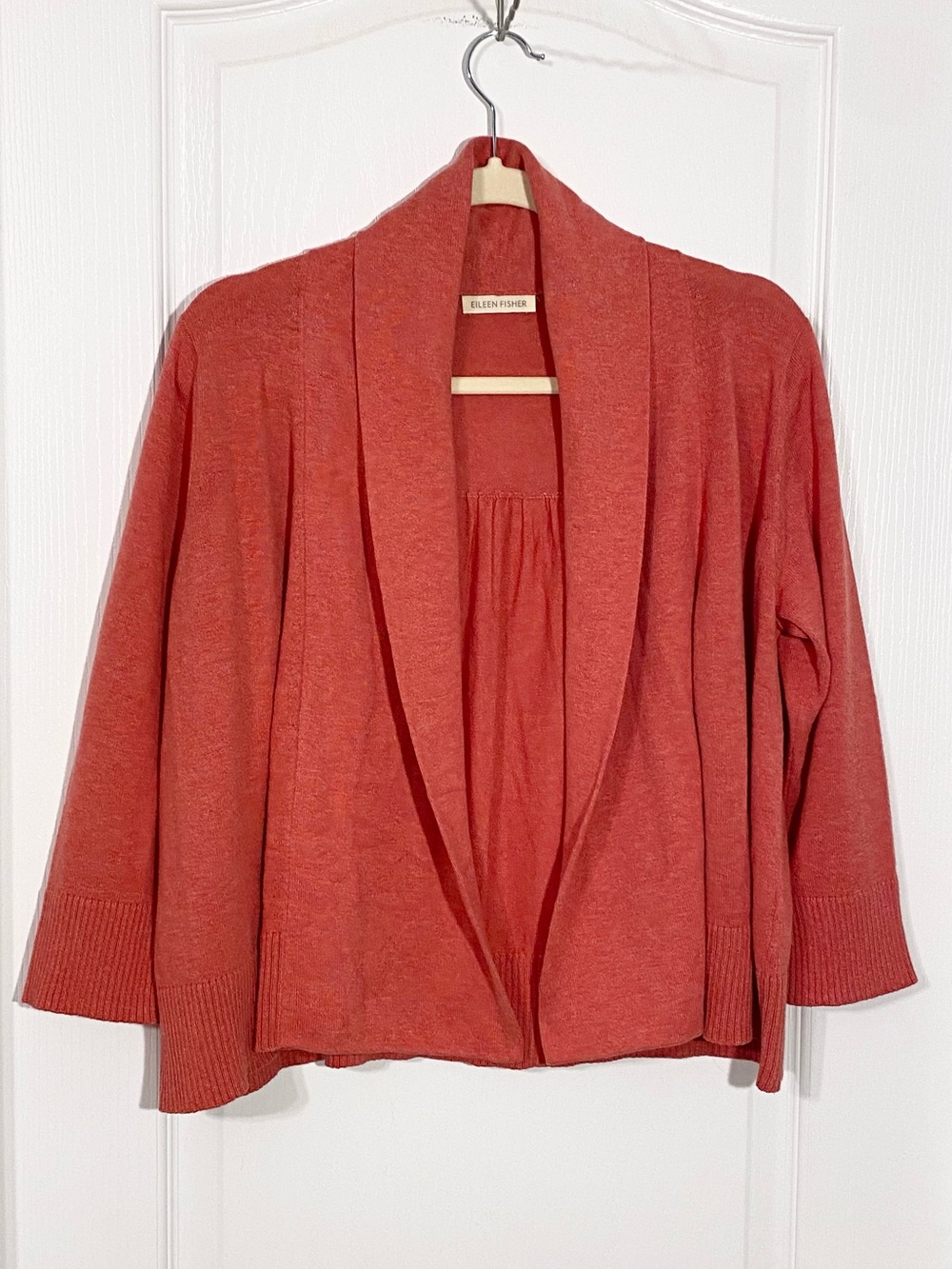 Eileen Fisher Organic Cotton Open Draped Front Cropped Cardigan Coral Red Small